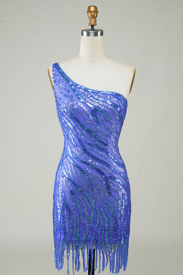 Pochwa One Shoulder Blue Sequins Krótka sukienka Homecoming z frędzlami